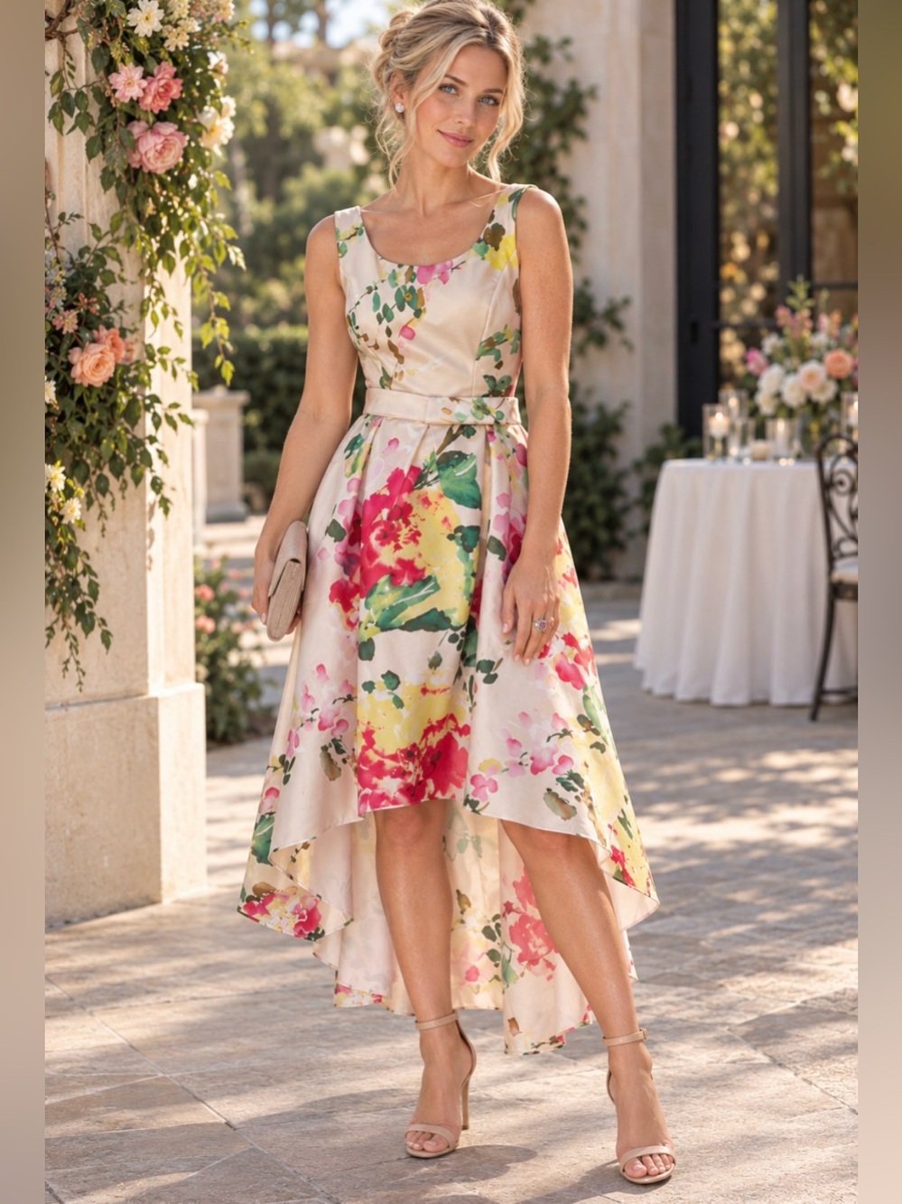 Alfred Sung Blush Bouquet Floral Hi-Low Dress Floral size M Sateen Twill Cocktai